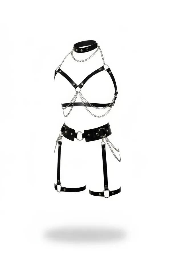 Black faux leather full body harness set with silver chains, choker, chest straps, waist belt, and garter leg straps