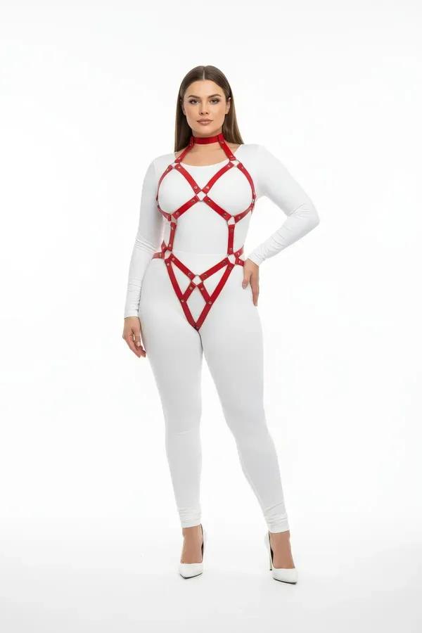 red faux leather full body harness geometric cage straps gold O-ring hardware with detachable choker chain