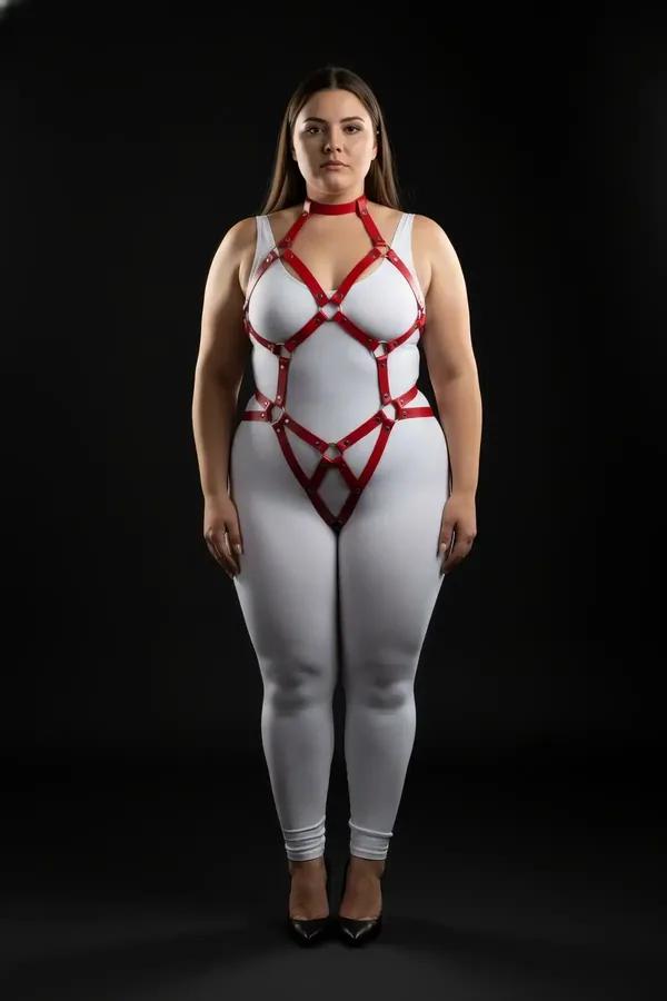 red faux leather full body harness geometric cage straps gold O-ring hardware with detachable choker chain