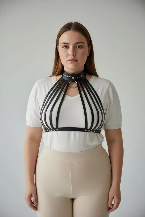 black faux leather caged chest harness with studded choker silver O-ring multi-strap birdcage design worn over white top