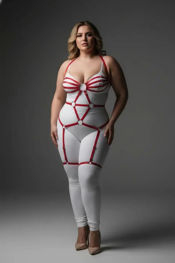 red full body caged harness with white O-ring details and adjustable thigh straps worn by plus-size model