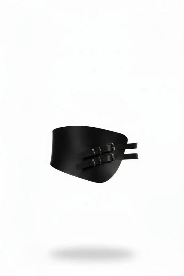 black faux leather wide corset belt with double silver-tone front buckles and curved structured panel