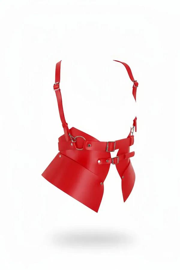 red faux leather waspie waist harness with asymmetric skirt panels and silver O-ring front view
