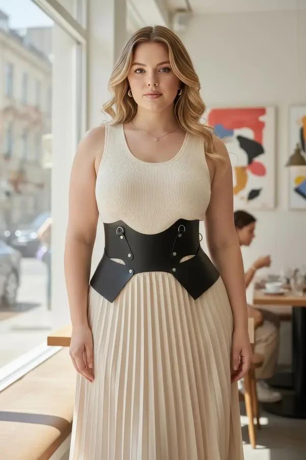 Black faux leather wide waist belt with sculptural wing panels and silver D-ring hardware worn over cream ribbed dress