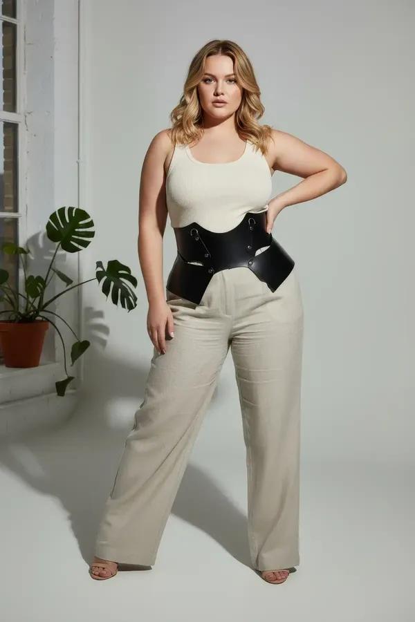 Black faux leather wide waist belt with sculptural wing panels and silver D-ring hardware worn over cream ribbed dress