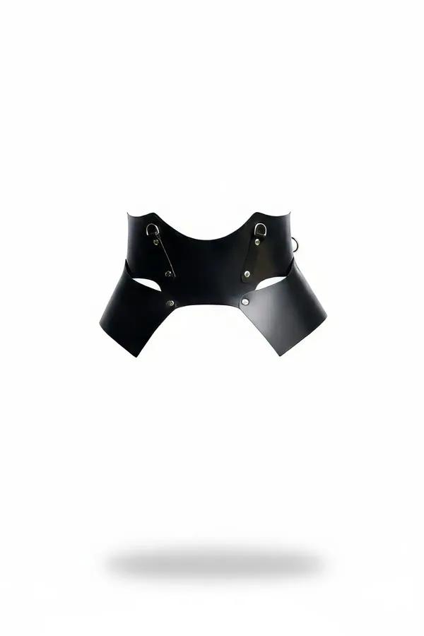 black faux leather waist harness with wide structured panels, cut-out centre, and silver D-rings