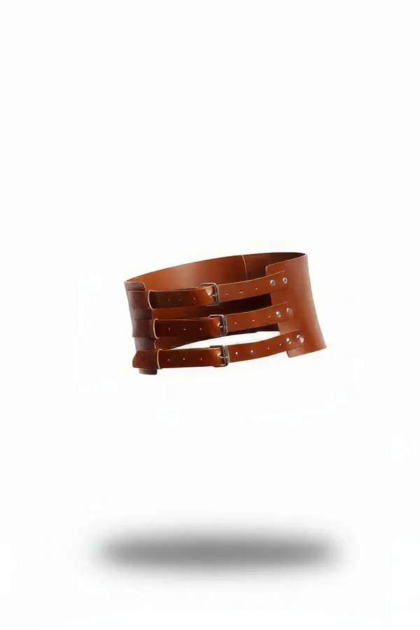 tan vegan leather wide corset belt with three silver buckle straps smooth-grain finish
