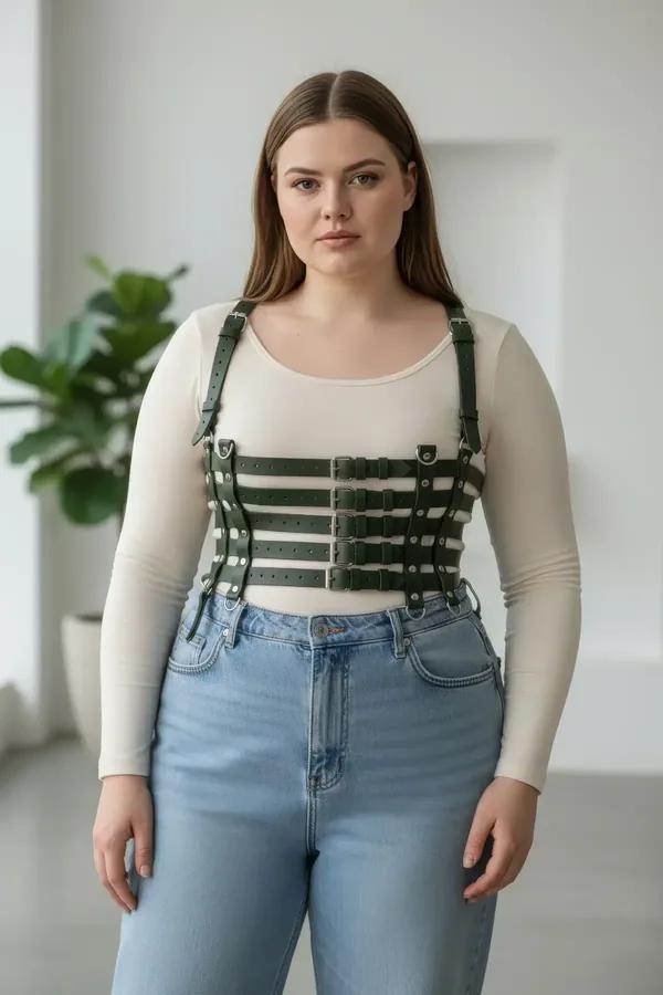 army green caged waist harness vegan leather four horizontal bands silver buckles with shoulder straps