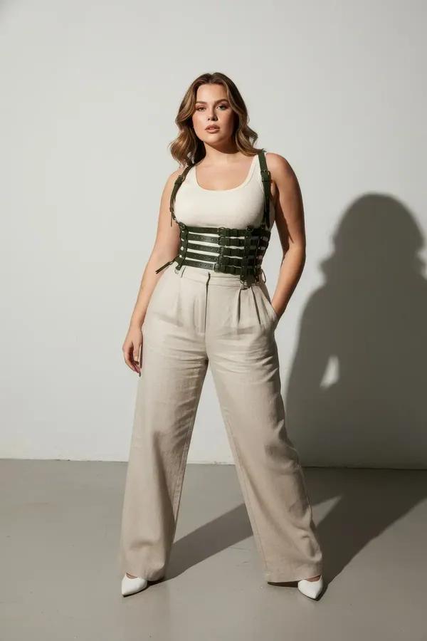 army green caged waist harness vegan leather four horizontal bands silver buckles with shoulder straps
