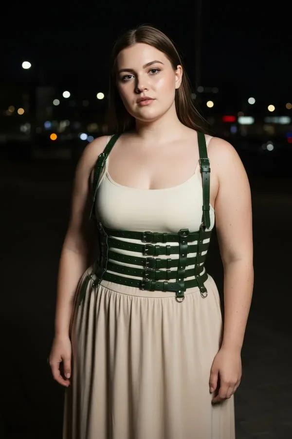 army green caged waist harness vegan leather four horizontal bands silver buckles with shoulder straps
