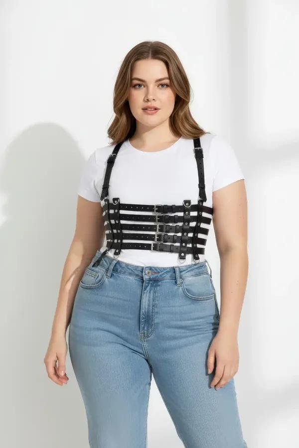 black faux leather underbust waist harness with three-band cage construction and adjustable silver-buckle shoulder straps wor