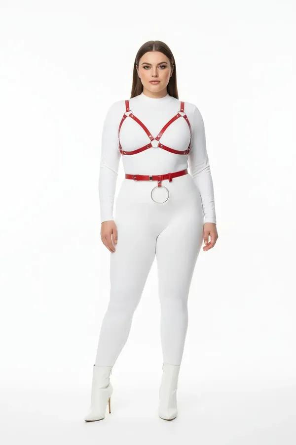 red vegan leather chest harness and waist belt set with silver O-ring on plus-size model over white bodysuit