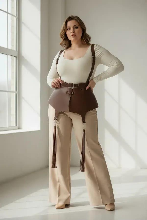 brown faux leather corset harness with gold buckles adjustable shoulder straps and tassel drops worn over white top