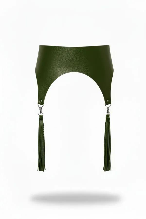 olive green wide faux leather waist harness with two detachable fringe tassels and curved hip cutout, silver swivel clasps