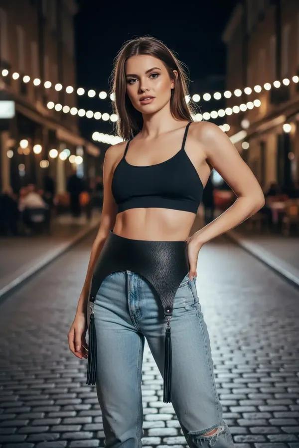 black faux leather wide underbust harness with tassel detail and silver hardware worn over white tank and jeans
