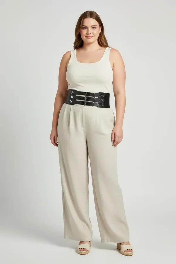 black faux leather wide waist harness belt with three silver buckle straps worn over white tank top