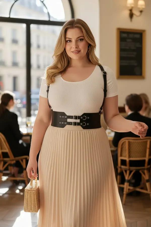 black wide faux leather waist harness with dual silver-tone buckle shoulder straps worn over white ribbed top and cream pleat