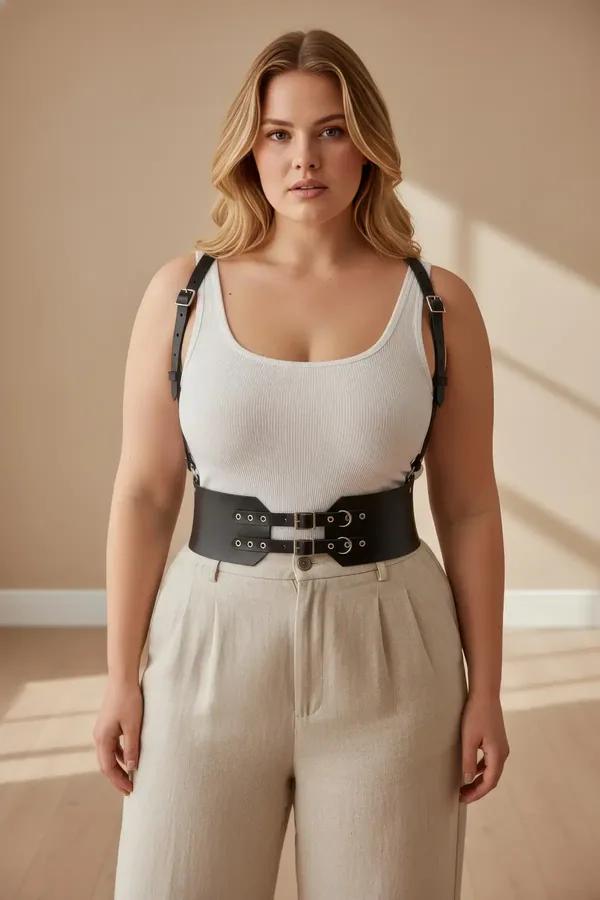 black wide faux leather waist harness with dual silver-tone buckle shoulder straps worn over white ribbed top and cream pleat
