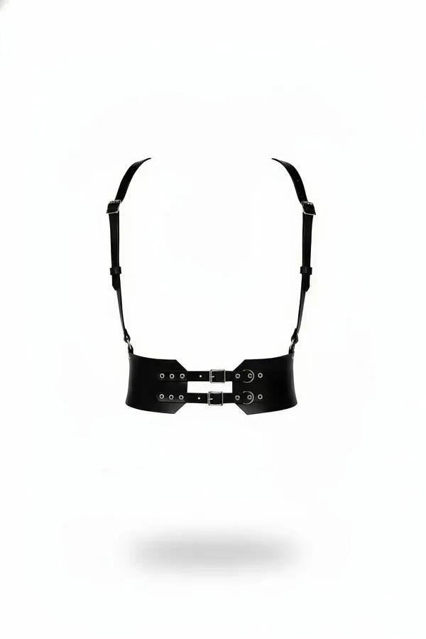 black faux leather double buckle waist harness with adjustable slim shoulder straps and silver hardware, front view