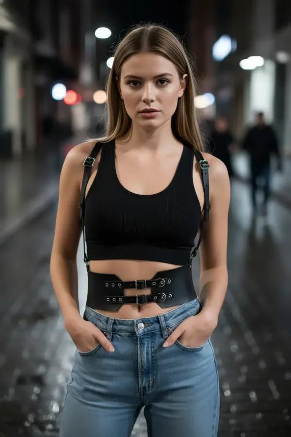black faux leather corset waist belt with double silver buckles and adjustable shoulder straps worn over black tank top
