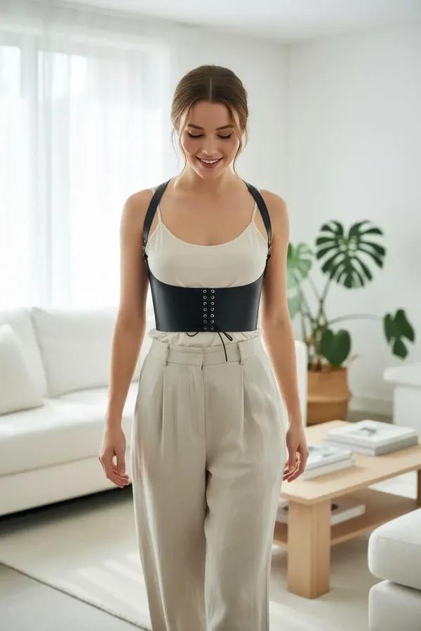 black faux leather underbust corset harness with wide straps and front lace-up grommet closure worn over white crop top