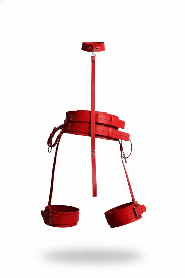 Red vegan leather multi-strap thigh harness with collar, double waist belt, and two thigh cuffs linked by vertical connecting