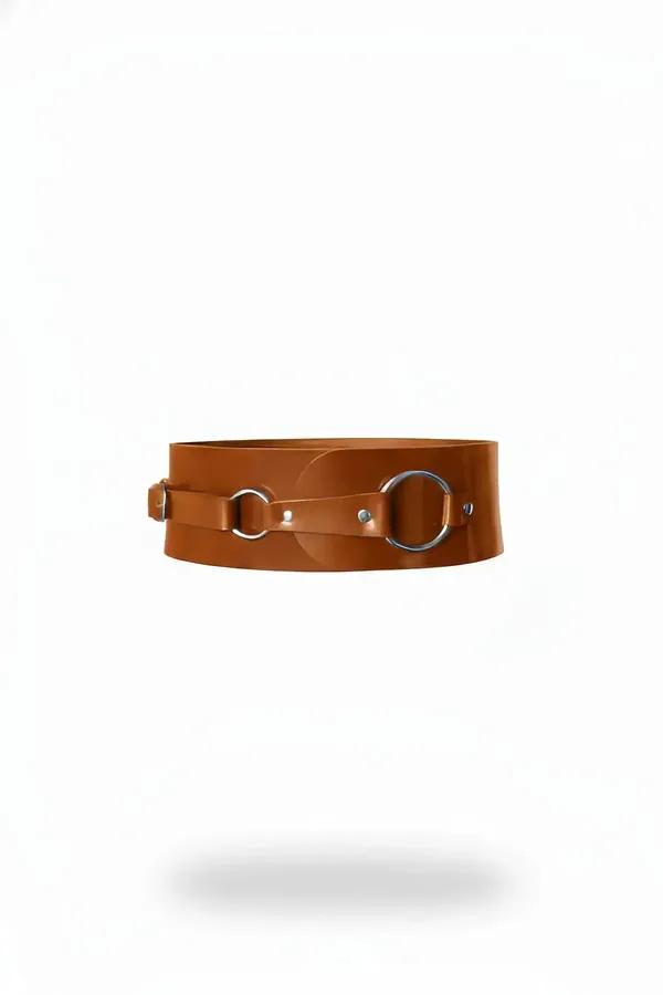 cognac faux leather waist cinch belt with dual silver O-rings on smooth wide panel