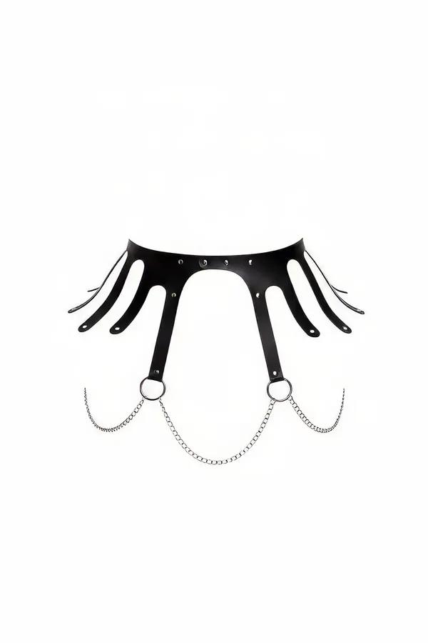 black faux leather underbust harness with six cutout straps and detachable silver O-ring curb chains
