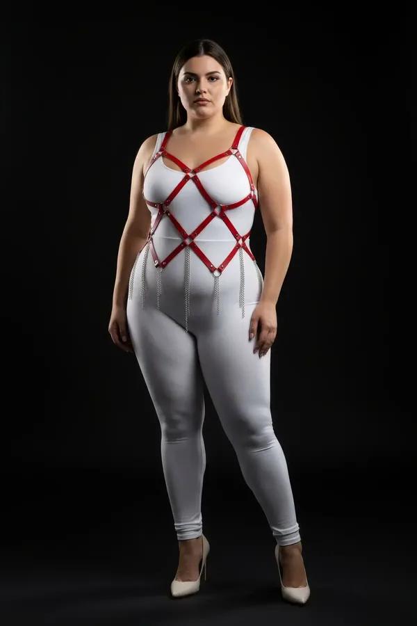 red vegan leather caged chest harness with detachable silver body chains worn over white bodysuit