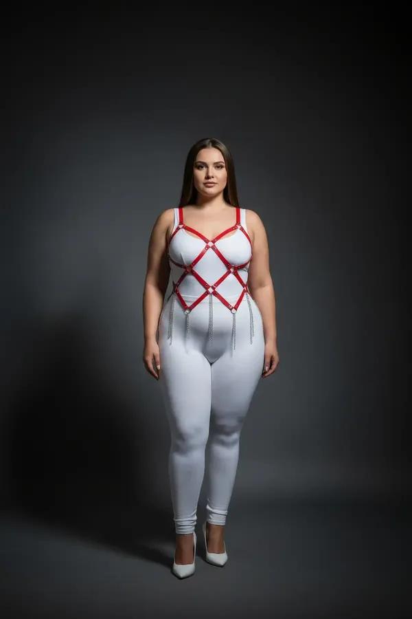 red vegan leather caged chest harness with detachable silver body chains worn over white bodysuit