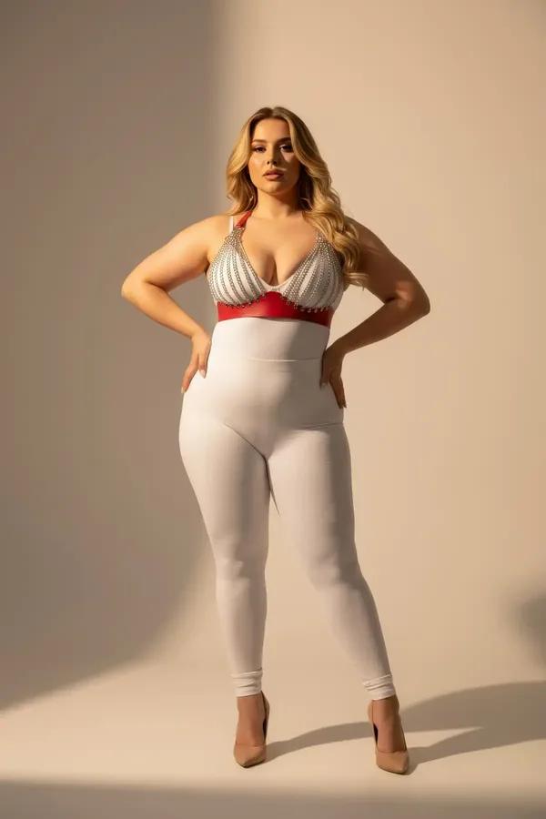 red faux leather chest harness with silver chain straps worn by plus-size model over white high-waist leggings