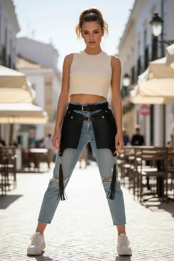 black faux leather waspie corset belt with tassel chain pendants worn over cream wide-leg trousers and ribbed crop top