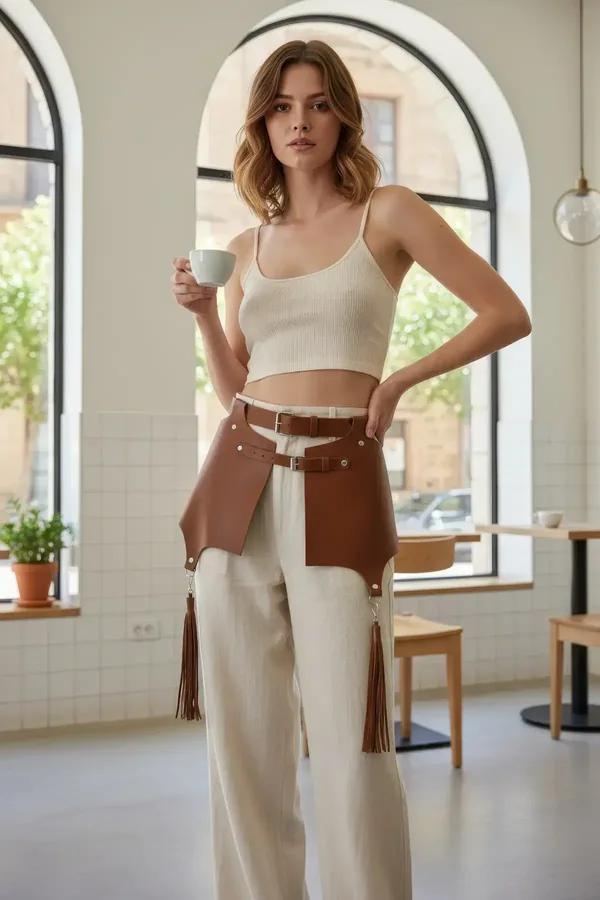 tan faux leather waist harness with layered rectangular panels gold studs and fringe tassels worn over cream wide-leg trouser