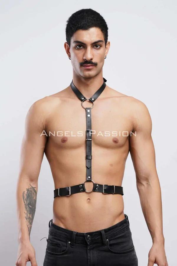 siyah vegan deri boyundan askılı erkek harness gümüş O-halka ve bel bandı clubwear