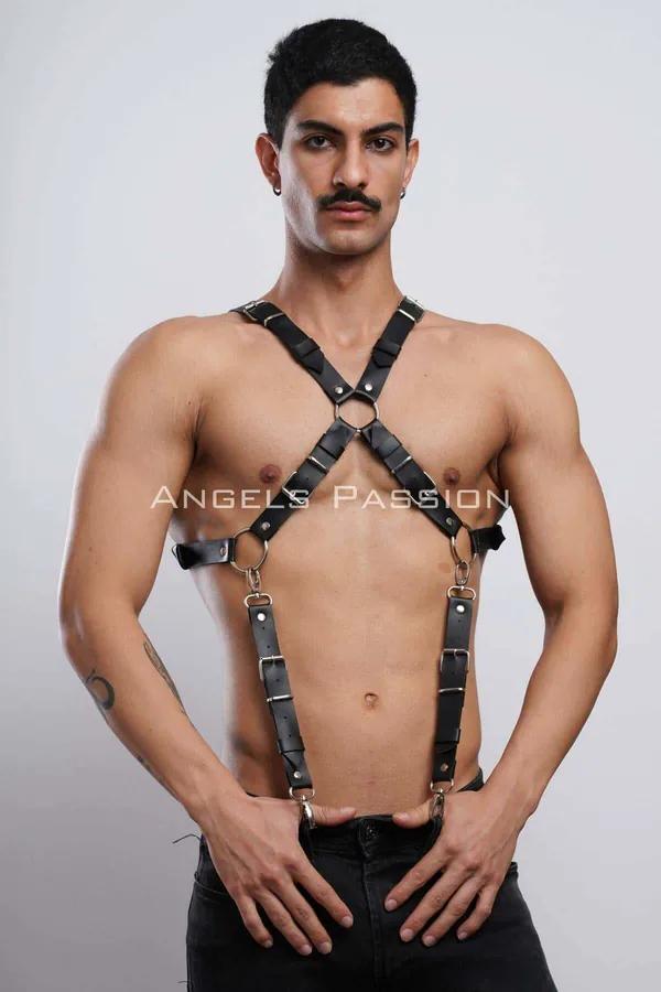 Siyah vegan deri erkek göğüs harness altın O-halkalı X çapraz kayış pantolon askısı ile
