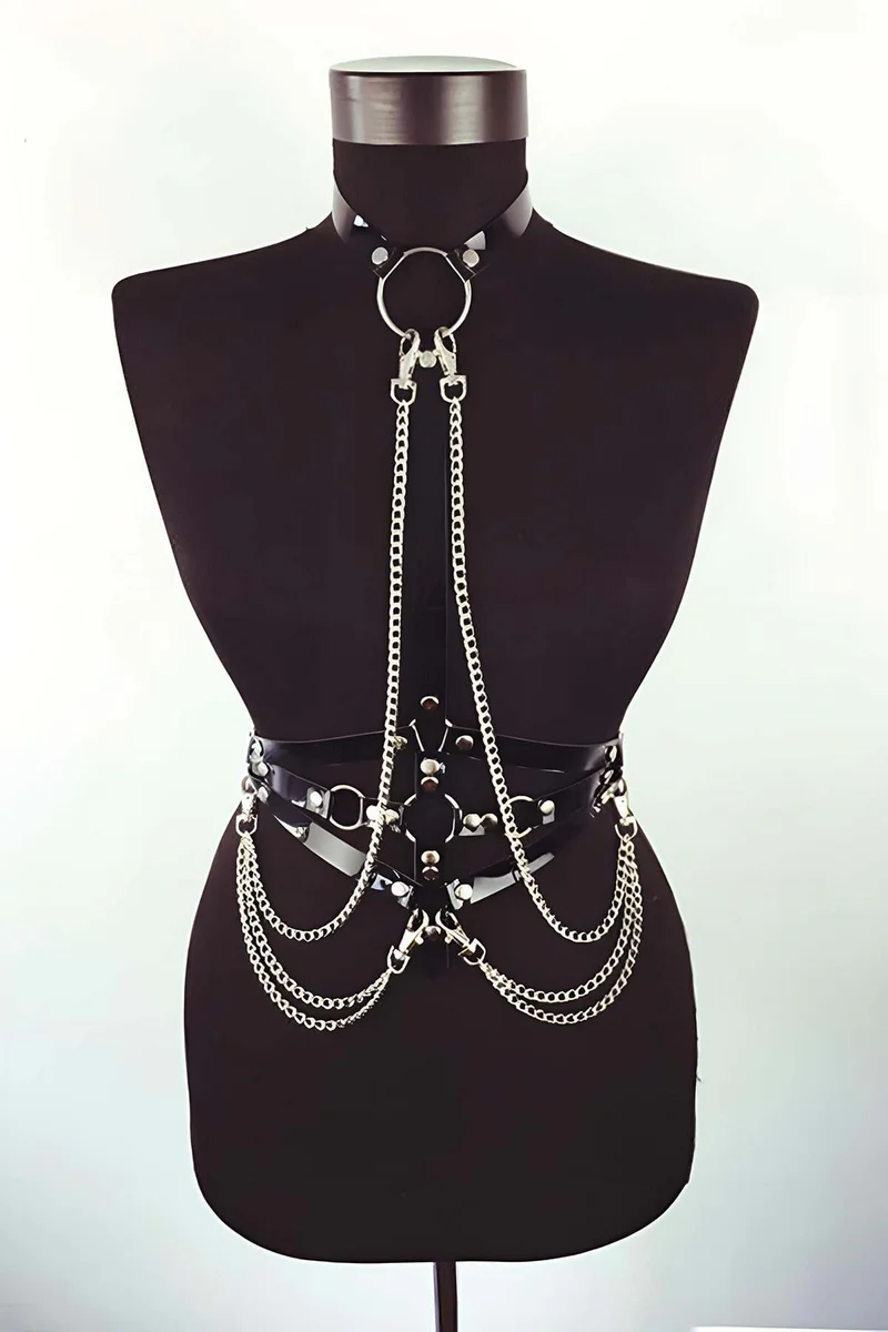 Black Faux Leather Chained Body Harness with Choker and O-Rings