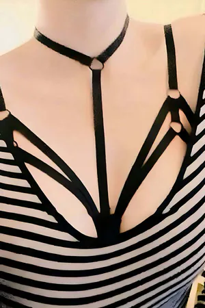 Black Caged Chest Harness with Choker and O-Ring in Faux Leather