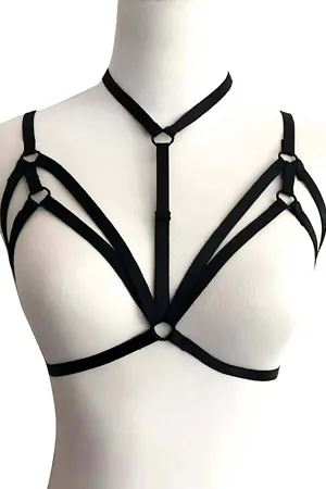 Black Caged Chest Harness with Choker and O-Ring in Faux Leather