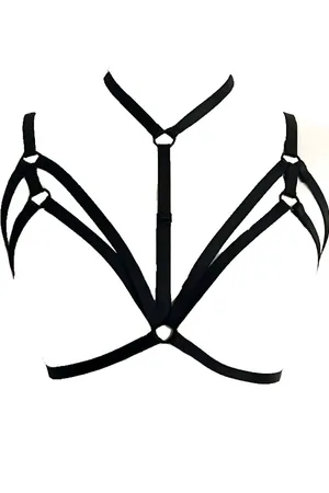 Black Caged Chest Harness with Choker and O-Ring in Faux Leather