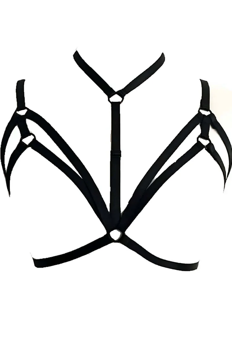 Close-up of black elastic caged chest