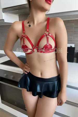 Red Faux Leather Open Cup Harness Bra with Silver O-Rings