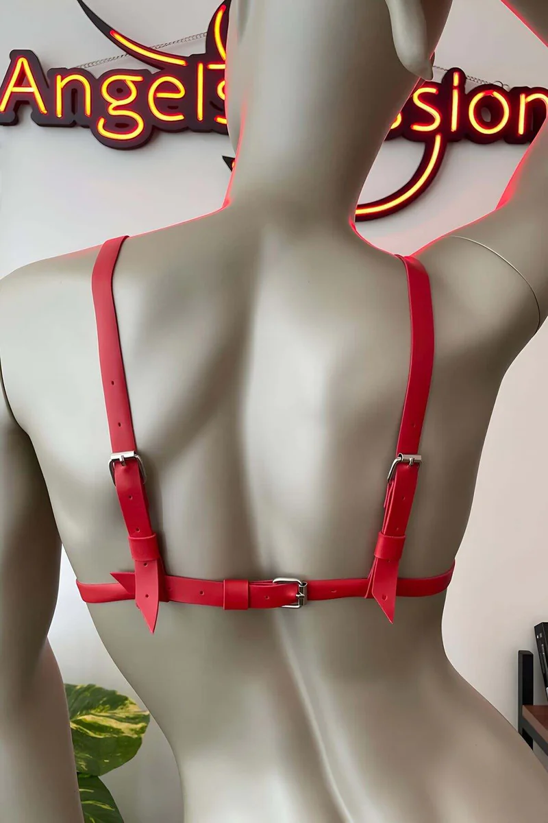 Red Strappy Harness Bra back view