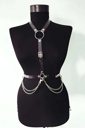 Black Patent Faux Leather Chest Harness with O-Ring and Chains