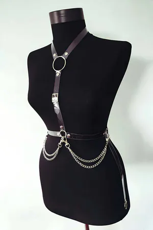 Black Patent Faux Leather Chest Harness with O-Ring and Chains