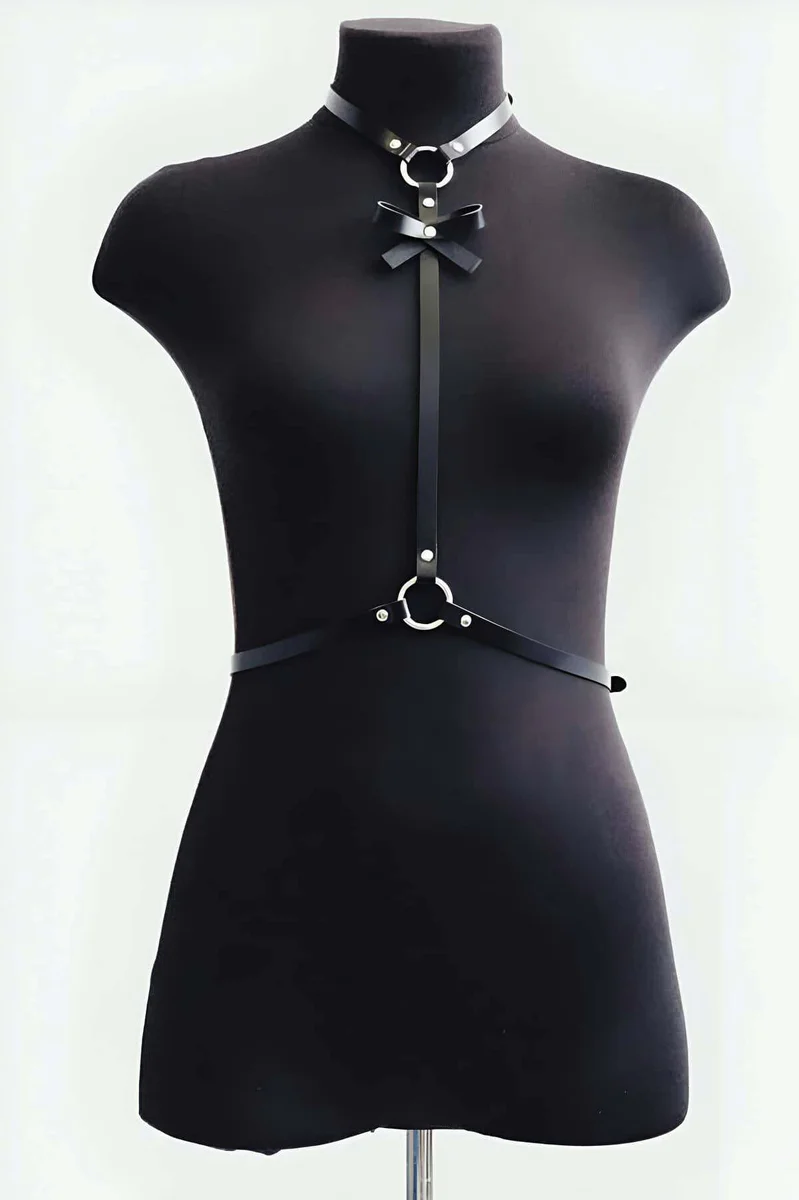 Black faux leather chest harness for women with