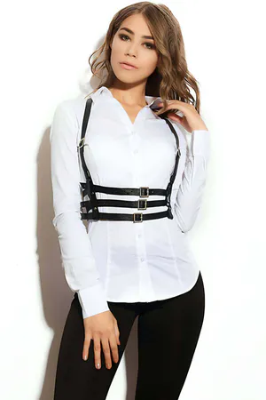 Black Faux Leather Chest Harness Triple Waist Straps Silver Buckles