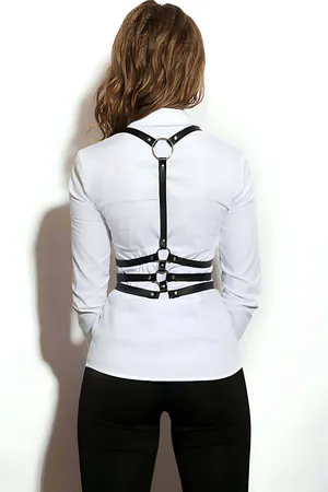 Black Faux Leather Chest Harness Triple Waist Straps Silver Buckles