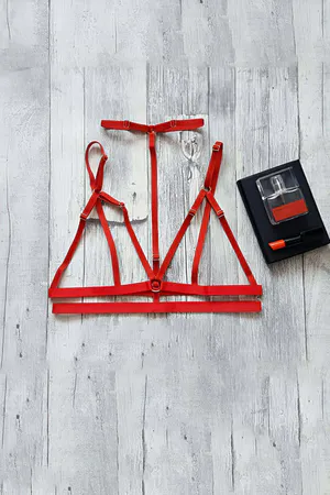 Red faux leather strappy body harness with O-ring choker