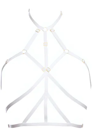 White Vegan Leather Caged Chest Harness Women Adjustable Gold Hardware