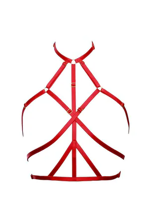 Red Strappy Caged Body Harness Lingerie with Silver Hardware